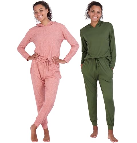 Image of Real Essentials 2 Pack: Women's Soft Long Sleeve Sleep Set - Comfortable Lounge Pull Over Hoodie and Henley Jogger