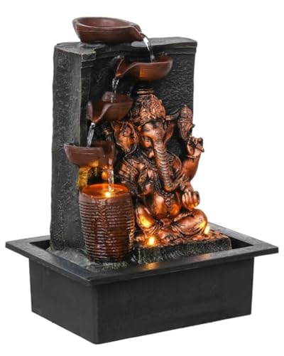 Image of UAG Exports Tabletop Indoor Water Fountain /Waterfall 4-Diya Ganesha Fountain with LED Light & Water Flow Controller Pump for Home Decor, Office, Bedroom, Gifting (Size: 40x30x22CM | Weight: 2075grm)