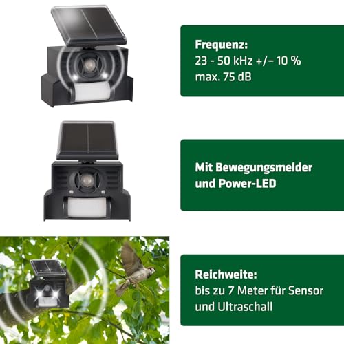GARDIGO® Vogelabwehr Ultraschall Solar I Elektronische Vogelscheuche mit Ultraschall & LED Blitzlicht I 23-50 kHz I 110° & 7m Reichweite I Vogelschreck für Haus Balkon & Garten I Taubenabwehr
