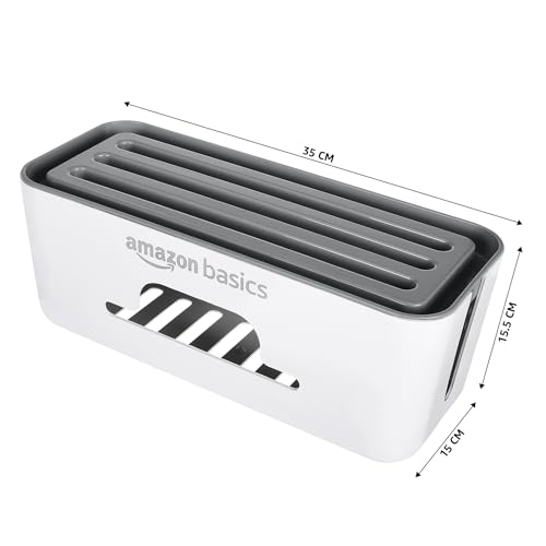 Image of Amazon Basics - Cable Management Box with Mobile Stand - Power Strip, Cords, Wires | Surge Protector Hiding Cover Organizer for Home, Office (White)