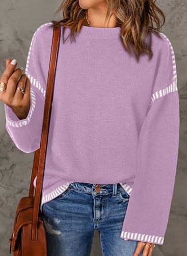 Image of Dokotoo Sweaters for Women Fashion Solid Crewneck Loose Fit Long Sleeve Contrast Cable Knit Pullover Sweater Jumper Tops