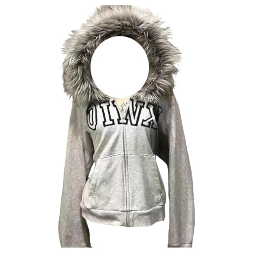 OANTGM Y2k Zip Up Hoodie Fur Jackets Emo Grunge Crop Winter Coats