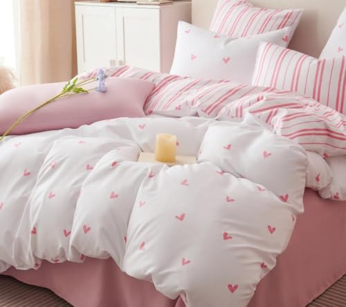 Freyamy Housse de Couette 200x200cm Amour Rose Parure de lit 2 Personne en Microfibre avec...