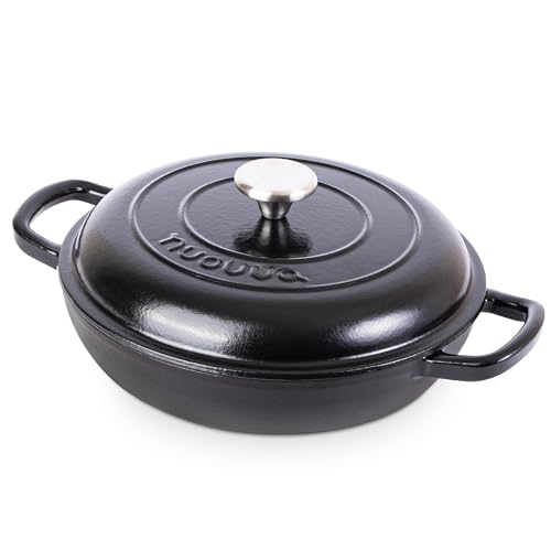 Shallow Cast Iron Casserole with Lid – Non Stick Dutch Oven Pot, Oven Safe up to 500° F – Sturdy Ovenproof Stockpot Cookware – Enamelled Cooking Pot – Black, 1.1-Quart, 26cm – by Nuovva