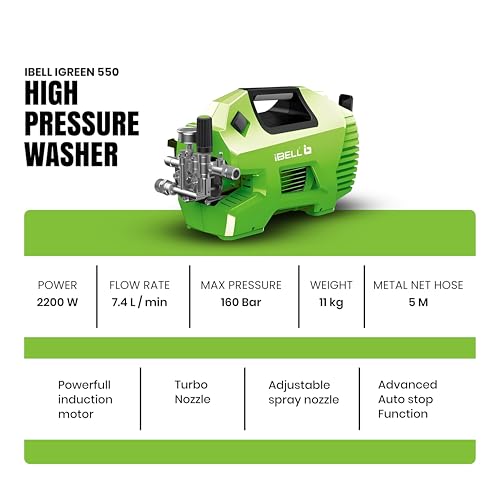 Image of IBELL iGreen550 High Pressure Washer, 2200W Induction Motor, 160 Bar Car Washer High Pressure Gun, 7.4 L /Min Flow, 5M Hose, Portable Pressure Washer for Car, Bike, Home & Outdoor Cleaning