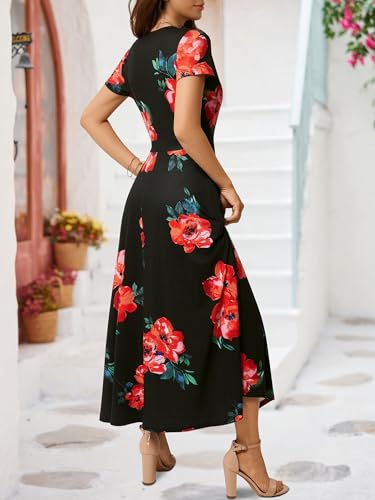 Image of HUHOT Women's Short Sleeve Wrap V Neck Dresses for Wedding Guest Summer Floral Maxi Sundresses with Pockets Boho Dress