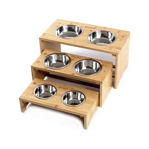 lionto erhöhter Hundenapf aus robustem & pflegeleichtem Bambus, 50x26x26 cm, doppelter Futternapf für Hunde & Katzen, 2 Edelstahlnäpfe Ø 18 cm & je 1,2 L Fassungsvermögen, rutschfest & gelenkschonend