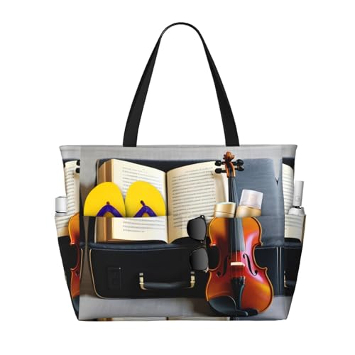 Violin And Book Large Beach Tote Bag Women Beach Tote Bag For Pool Gym Grocery Travel With Multiple Pocket