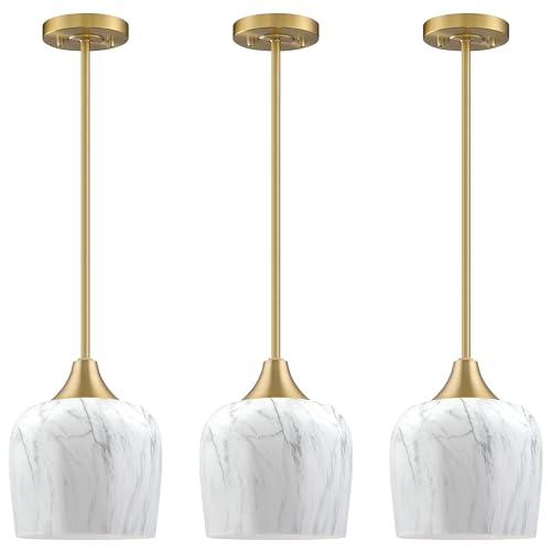Leading Lighting 3 Pack 1 Light Indoor Hanging Kitchen Island 6.1 Inch Opal Marble Glass Pendant Light Fixtures,Brushed Bronze Finish Modern Farmhouse Dinning Over Sink cover