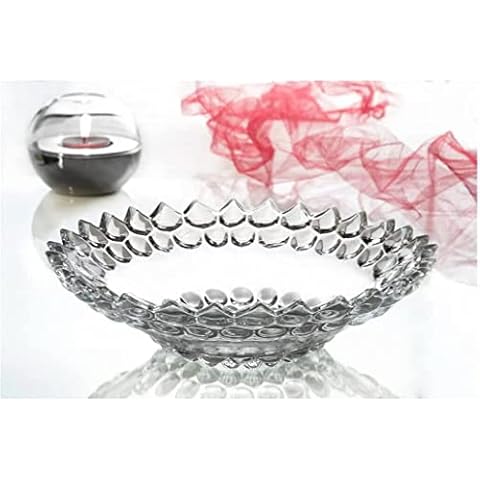 Housetronics Wish Click Done 29.5cm Glass Fruit Bowl Large Shallow Crystal Cut Dessert Snack Platter Salad Dish Serving Display Cover