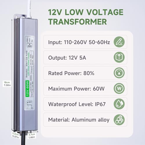 Image of 12V 60W LED Driver IP67 Waterproof LED Transformer, Low Voltage Power Supply with 3-Prong US Plug for Any Outdoor & Indoor LED Lights, Computer Projects