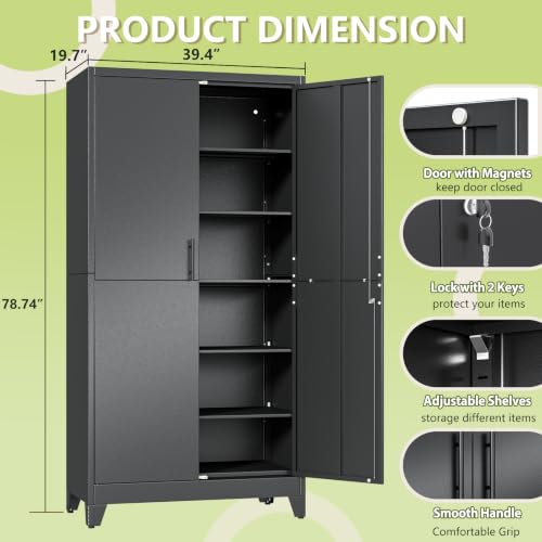 Image of Black Kitchen Pantry Cabinets, 79 Metal Lockable Storage for Office