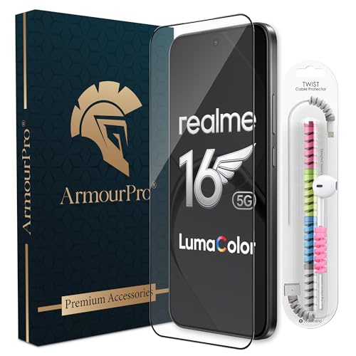 Image of ArmourPro Military-Grade Tempered Glass for Realme 16-9H Anti Scratch, Edge-to-Edge Coverage, HD Clarity, Smooth Touch, Case Friendly, Easy Installation Kit with Cable Protector