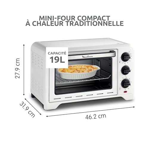 Moulinex Four posable Optimo 19 L, Thermostat jusqu'à 240 °C, 3 modes de cuisson dont gril, minuteur, 6 niveaux de cuisson, Chaleur traditionnelle, Blanc OX441110