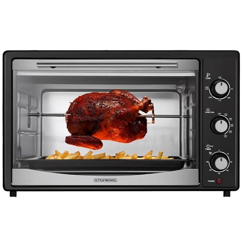 Steinborg® Mini Backofen 45 Liter mit Umluft & Drehspieß Elektrischer Minibackofen – Umluftofen mit Drehspieß, 1800 W, Pizzaofen Grillofen mit Innenbeleuchtung inkl. Backblech & Grillrost