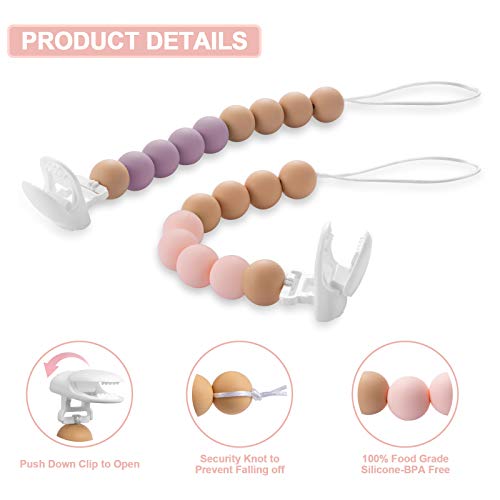 Baby Pacifier Clip Silicone Beads-Newborn Pacifier Holder for Soothie Binkies Teethers BPA Free Natural Chew Teething Relief Toys for Boy Girl Gender Neutral Baby Shower Gifts Unique 2 Pack (Pink)