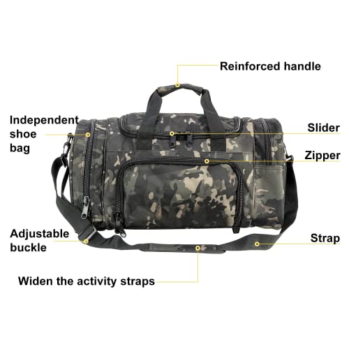 Pans Military Waterproof Duffel Bag Tactical Outdoor Gym Bag Army Carry On Bag With Shoes Compartment,Molle System,Shoulder Bag&Handbag For Sports Travel Camping Hunting(Black-Multicam) #TOP3