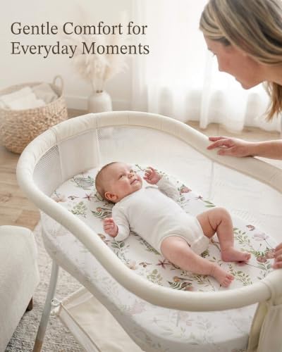 Image of Bassinet Sheets for Baby Girls Boys 2 Pack, Fitted Baby Mattress Sheet for Rectangle, Oval, Hourglass Bassinet Mattress, Breathable Cozy & Universal Fit (Floral Fawn, Bassinet Sheet)