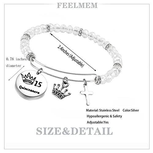 Image of FEELMEM Girl Sweet 15 Gift 15 Quinceanera Charm Beaded Bangle Bracelet Quinceanera 15th birthday Party Gifts for Her