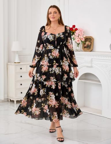 Image of EYWOL Plus Size Long Sleeve Floral Tiered Semi Formal Wedding Guest Dress | Chiffon Maxi, On or Off Shoulder, Flowy A-Line, Side Slit, Elastic Back Waist, Cocktail, Dinner Party, Engagement, Prom, Gala