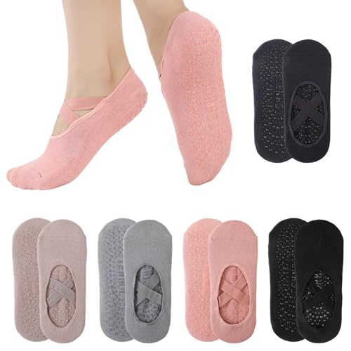 scenicamp 5 Pairs Pilates Socks with Grips for Women X-Cross Straps Non Skid Workout Ballet Dance Hospital Socks