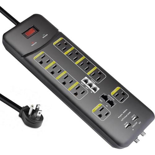 3800-Joule Surge Protector, 10-Outlet All-in-One Power Strip with 2 USB Charging Ports (3.1A Total) and Phone/Ethernet/Coaxial Protection, 9-Foot Ultra Long Extension Cord, ETL Listed, Black