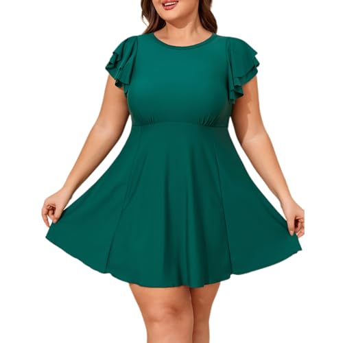 Smismivo Plus Size Swimsuit for Women One Piece Swim Dress Tummy Control Swim Suit Ruffle Sleeves Bathing Suit