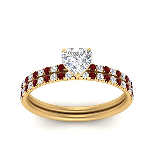 Image of Choose Your Gemstone Pave Petite Ring with Matching Wedding Band Yellow Gold Plated Heart Shape Wedding Ring Sets Minimal Modern Design Birthday Gift Wedding Gift US Size 4 to 12
