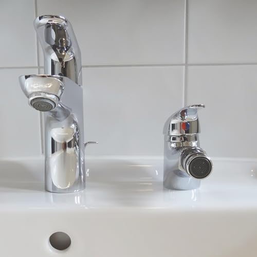 Cornat Bidet-Einhebelarmatur Piccolo - Verchromter Messingkörper - Normale Auslaufhöhe - Mit Ablaufgarnitur - Luftsprudler / Bidetmischer fürs Bad / Bidetbrause / SA844