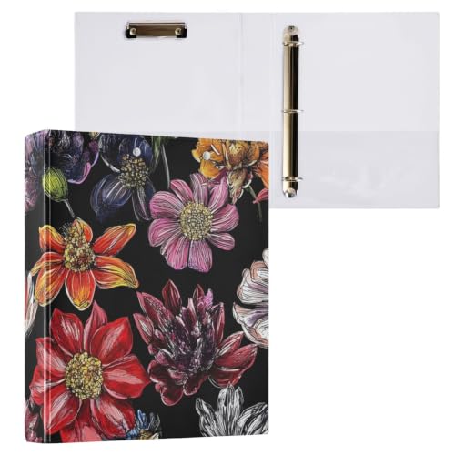 Classeur à 3 anneaux noir fleuri rétro avec poches pour stopper le désordre