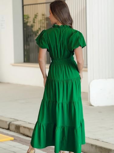 Image of ECOWISH Summer Maxi Dress for Women Casual Flowy V Neck Short Sleeve A Line Empire Waist Tiered Long Dresses with Pockets