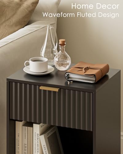 Image of Masupu Fluted Nightstand,Modern Night Stand Wood Bedside Table with Storage Drawer Side End Table for Bedroom,Office,Black