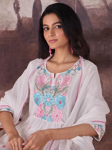 Image of INDO ERA Women's Pure Cotton Embroidered A-Line Kurta & Pant with Dupatta Set | Cotton kurta sets for women
