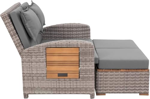 greemotion Gartensofa mit Liegefunktion Bahia Tobago - Sonnenliege mit 5-fach verstellbarer Rückenlehne - Gartenlounge mit zwei klappbaren Seitentabletts - Loungesofa inkl. Hocker 117x93x74 cm