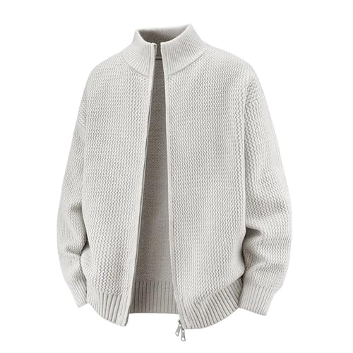 Cárdigan de punto para hombre con cuello alto, jacquard, a rayas, cremallera completa, cárdigan de punto, chaqueta de gran tamaño, abrigo de punto Y2K, abrigo de invierno grueso y cálido, Blanco, M