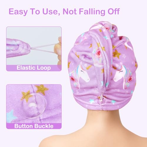 Image of FIOBEE Microfiber Hair Towel Wrap for Kid Girls Rapid Drying Hair Turbans | Absorbent & Soft Hair Wrap Towel, Easy Wear On With Button, For Girls Women Long Curly Hair, Turbie Twist Hair Towels