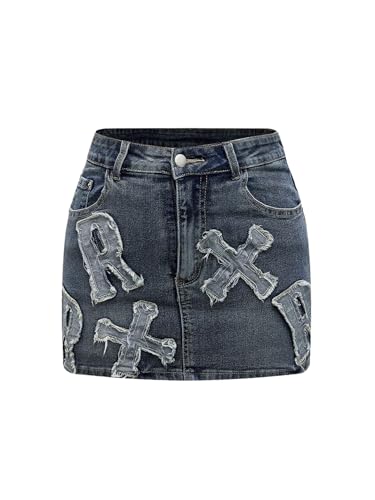 Floerns Women's Distressed Letter Embroidered Denim Skirt Casual Mini Pencil Jean Skirts