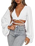 LYANER Women's Wrap V Neck Criss Cross Tie Back Long Sleeve Crop Blouse Shirt Top White Medium