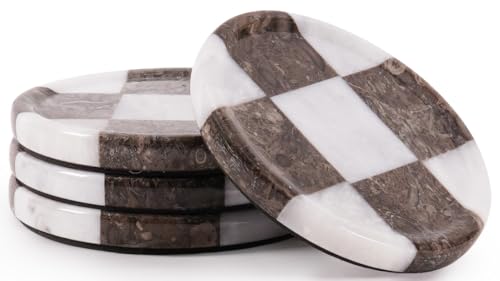 EarthenTones Marble Coasters Set of 4, White and Oceanic Handmade 4 inch Stone Round Coasters, Elegant Table Coaster for Drinks, Durable Kitchen Décor & Home Accessories