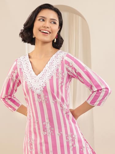 Image of Libas Womens Printed Cotton Straight Kurta With Trousers and Dupatta | daily wear suit