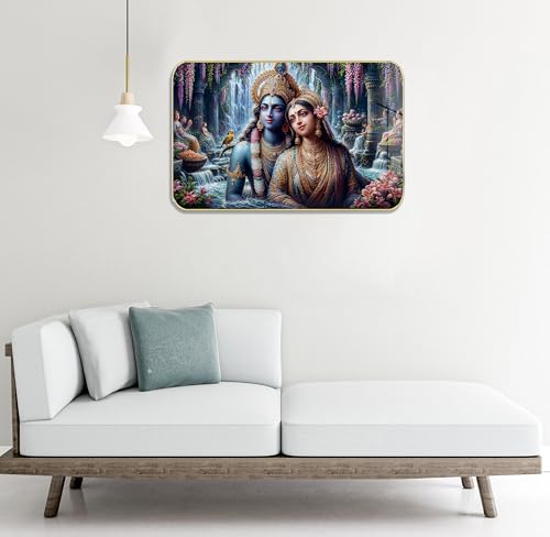 Image of Masstone Radha Krishna Crystal Embedded High Gloss Wall Painting, Golden Slim Frame, 45x30 Cm Wall Art for Living Room, Bedroom, Office & Home Decor (HG12)