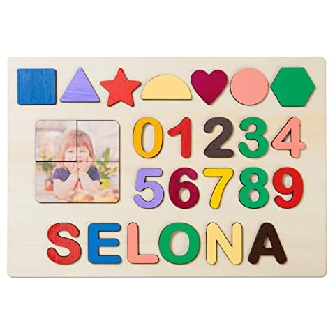 Bosajewel Personalized Photo Name Puzzle with Shape Number Custom Wooden Baby Toddler Name Puzzles within 9 Letters for Kid Preschool Pegged Puzzles Toys Easter Christmas Birthday Gift Cover