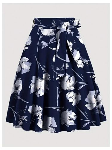 MakeMeChic Women's Floral Skirts A Line Belted Ruffle Hem Knee Length Summer Boho Skirt3