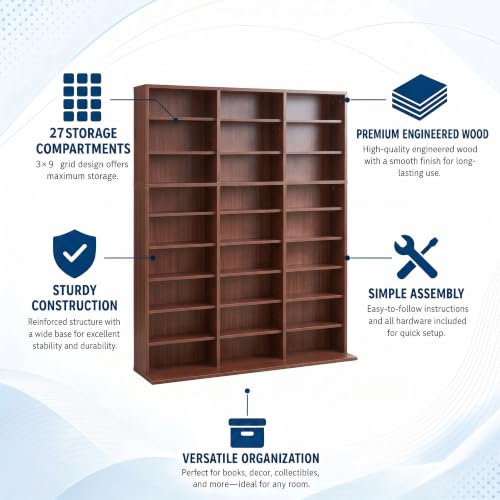 Image of Garvee 9 Tier Tall CD Display Cabinet, 27-Compartment Media Tower, Walnut