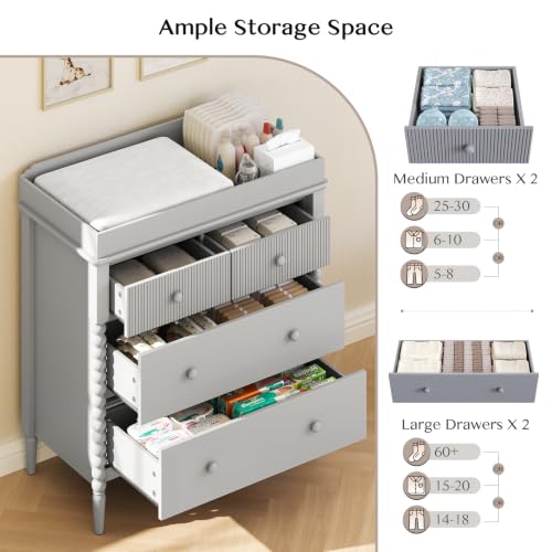 Image of JOINICE Grey Nursery Dresser with Changing Table, 4 Drawers for Storage | Jenny Lind Spindle Style Dresser and Removable Baby Changing Station Combo for Kids Bedroom, Anti-Tip Kit for Safety