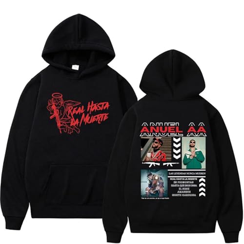 JNYEHSUI Sudadera con Capucha para Hombre Casual Estilo Hip Hop Sudadera con Capucha Imprimir Patrones Manga Larga Rapper Anuel AA Merch Oversize Suelta Moda Amantes Streetwear-Black||m
