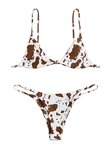SOLY HUX Women s Print Tie Back Triangle Bikini Bathing Suits 2 Piece Swimsuits White Brown S