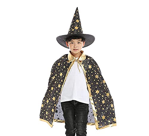 CHUANGOU Enfants Capes avec Chapeau de Magicien pour Enfants Fille Garçon Cosplay Fête du Festival, Noir