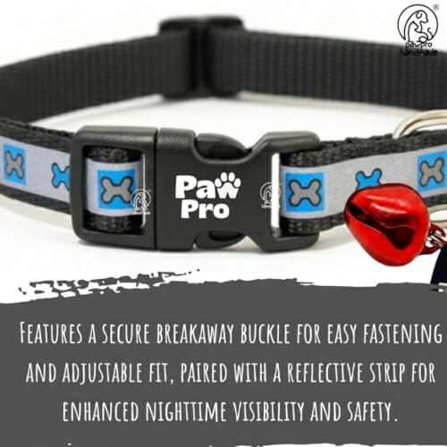 Image of PAWPRO HANDMADE Reflective Pet Collar with Custom ID Tag - Adjustable Collar with Bell for Cats & Small Dogs - Personalized Name Tag (Gray Sketch)