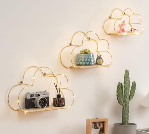 Niemro - Golden Cloud Shape Floating Shelves with LED Lights Wall Decor,Gold Metal Wire and Wood Base Wall Mounted Shelf Decorations for Home Bedroom Living Room - Set of 3